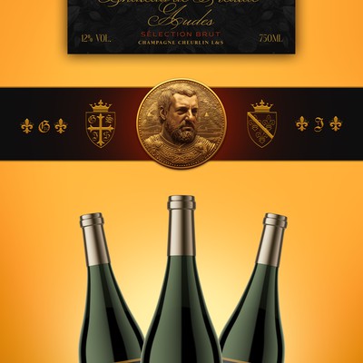 Custom champagne label, with client's portrait in a golden medallion.