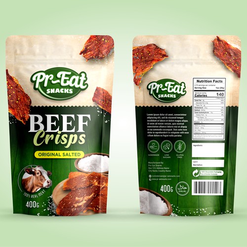 PR-EAT SNACKS - BEEF CRISPS - POUCH PACKAGING DESIGN